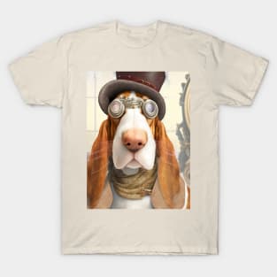 Cute Basset Hound Steampunk Style with Goggles T-Shirt
